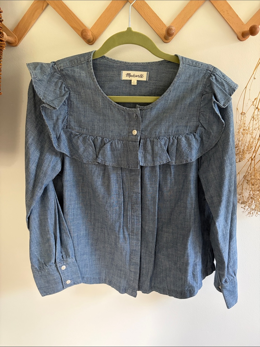 Madewell Blue Chambray Ruffle Yoke Blouse